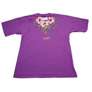 Sun Island Shirt Womens L Purple Floral Crew Neck Short Sleeve Pullover Tee